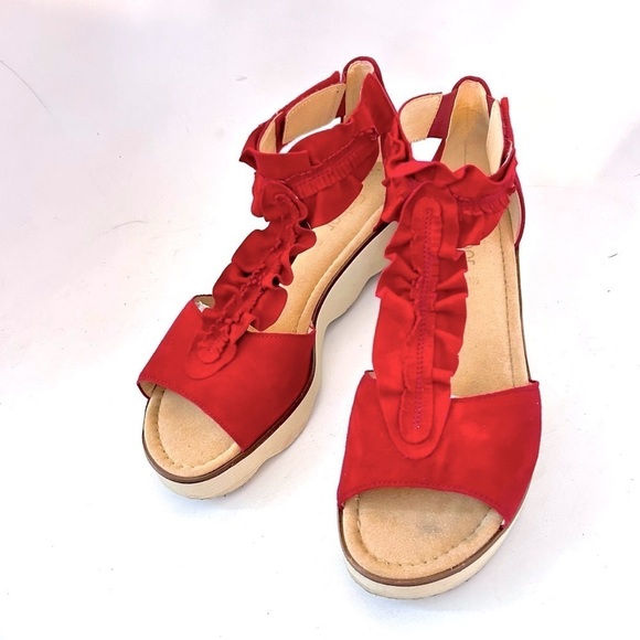 GABOR Olin Ruffled Suede Leather T-Strap Comfort Wedge Sandal Size us 10.5 / 11 - Picture 1 of 14